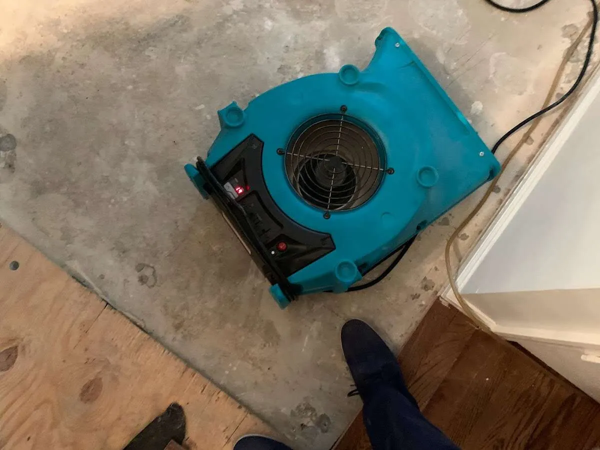 Air mover drying subfloor during Commercial Water Damage Restoration in Brunswick